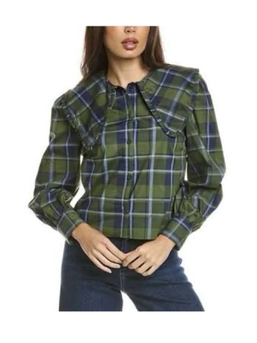 WeWoreWhat Plaid Green Peterpan Ruffle-Collar Women’s Top Size Small